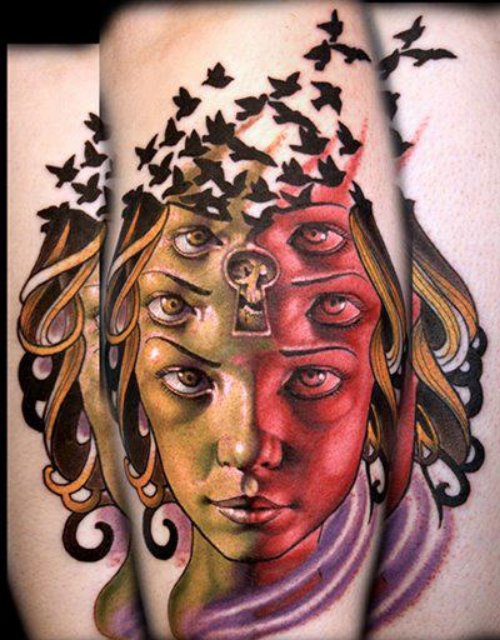 Abstract Woman Head And Flying Birds Optical Illusion Tattoo